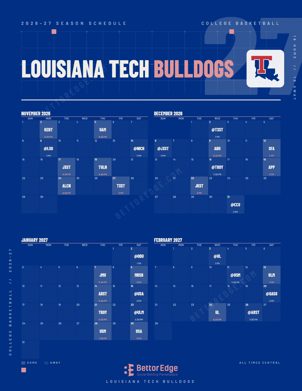 Louisiana Tech Bulldogs 2026-27 basketball schedule, free printable, every game with start times and TV