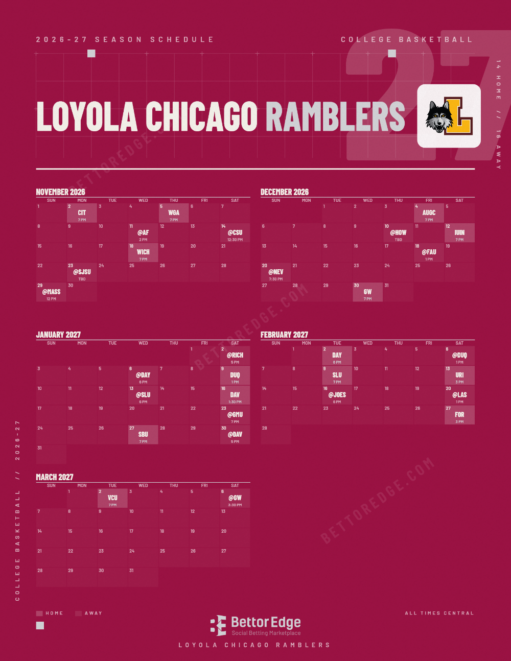 Loyola Chicago Ramblers 2026-27 basketball schedule, free printable, every game with start times and TV