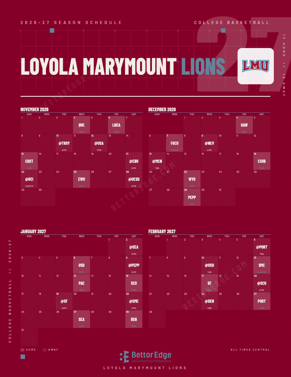Loyola Marymount Lions 2026-27 basketball schedule, free printable, every game with start times and TV