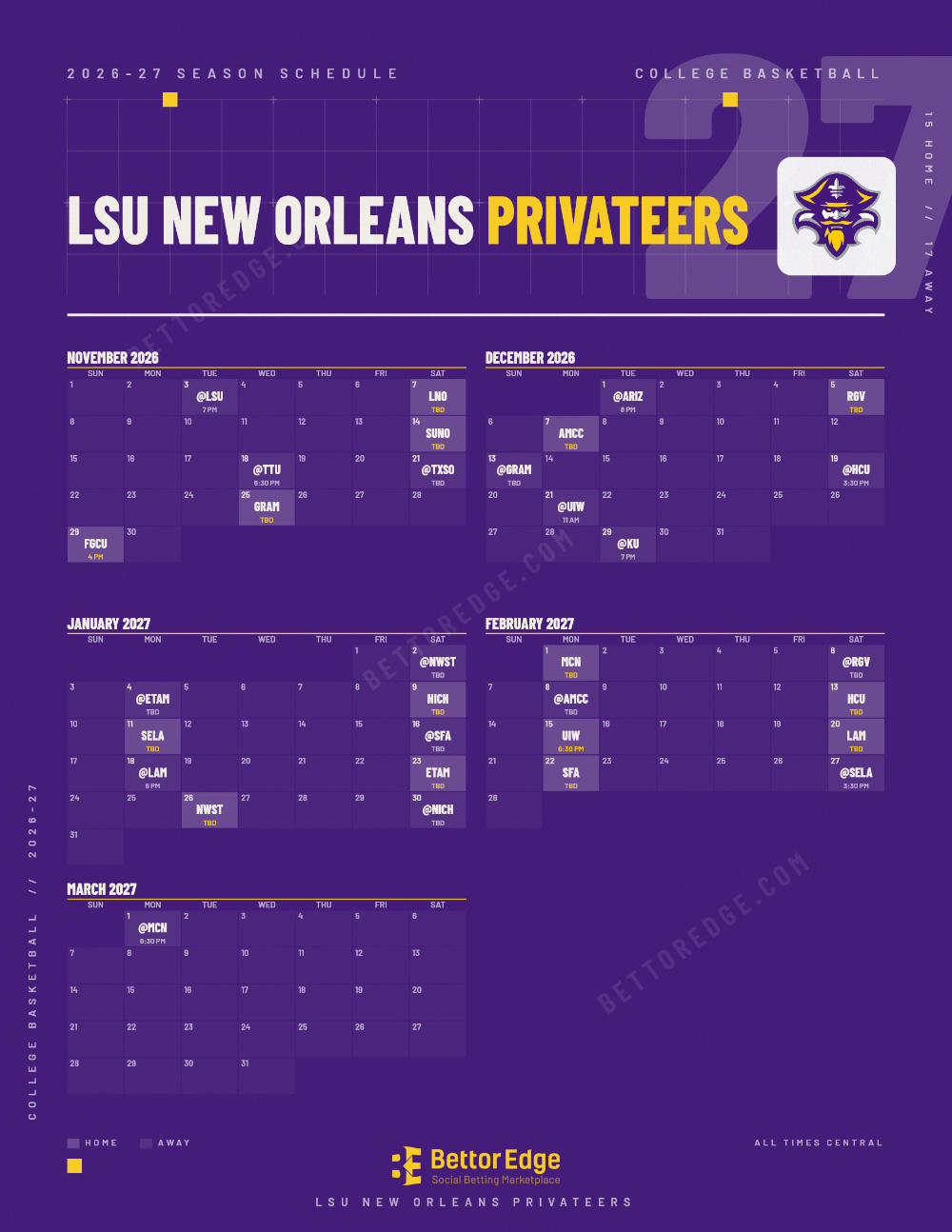 LSU New Orleans Privateers 2026-27 basketball schedule, free printable, every game with start times and TV
