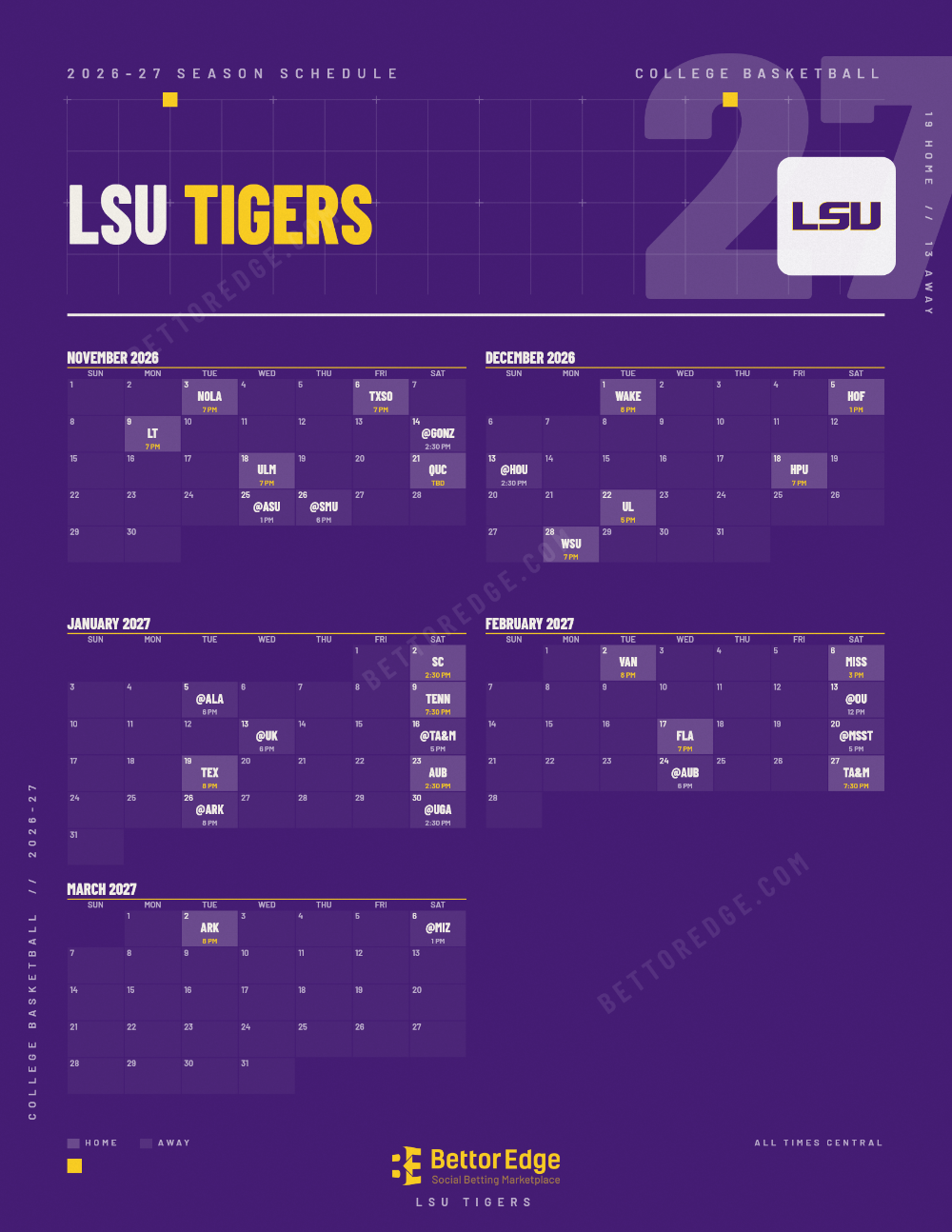 LSU Tigers 2026-27 basketball schedule, free printable, every game with start times and TV