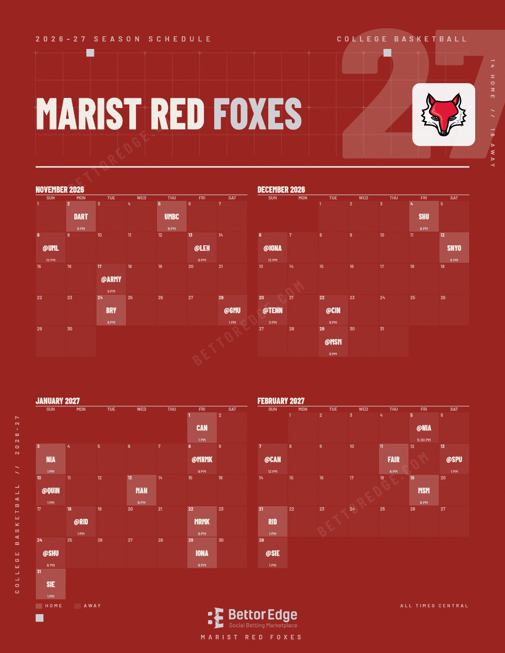 Marist Red Foxes 2026-27 basketball schedule, free printable, every game with start times and TV
