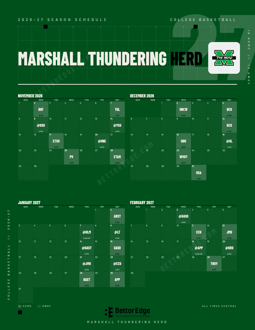 Marshall Thundering Herd 2026-27 basketball schedule, free printable, every game with start times and TV