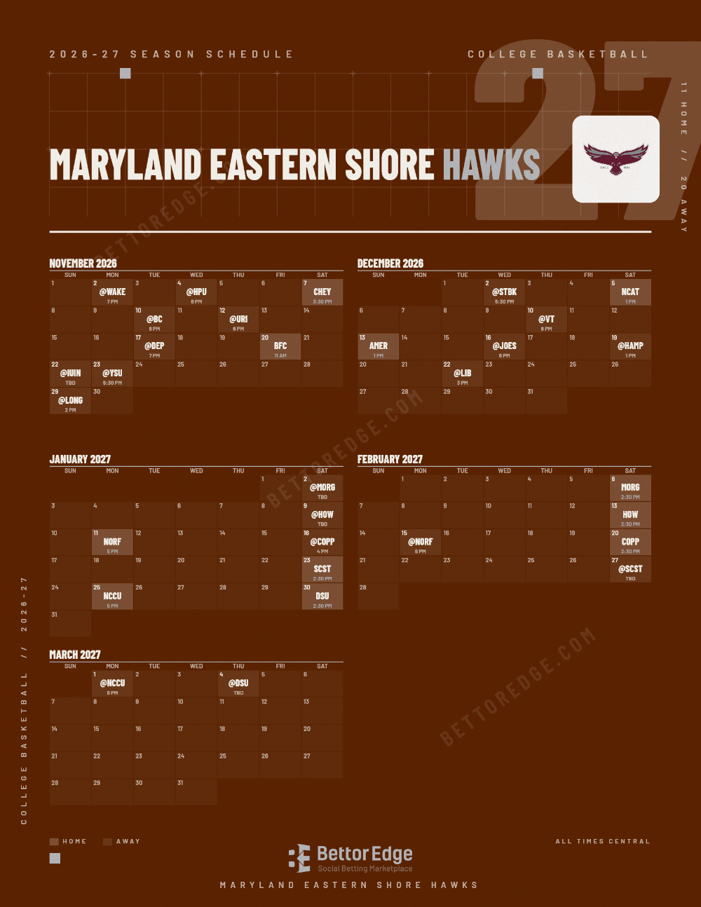 Maryland Eastern Shore Hawks 2026-27 basketball schedule, free printable, every game with start times and TV