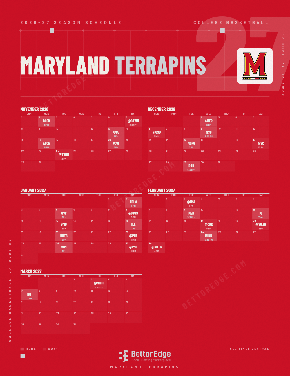 Maryland Terrapins 2026-27 basketball schedule, free printable, every game with start times and TV