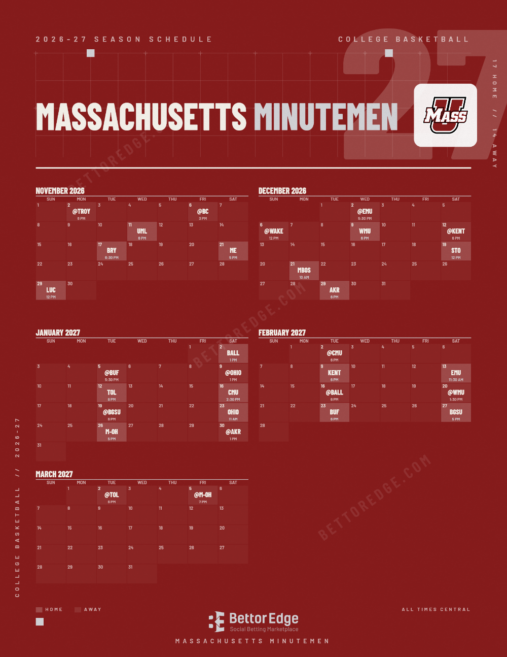 Massachusetts Minutemen 2026-27 basketball schedule, free printable, every game with start times and TV