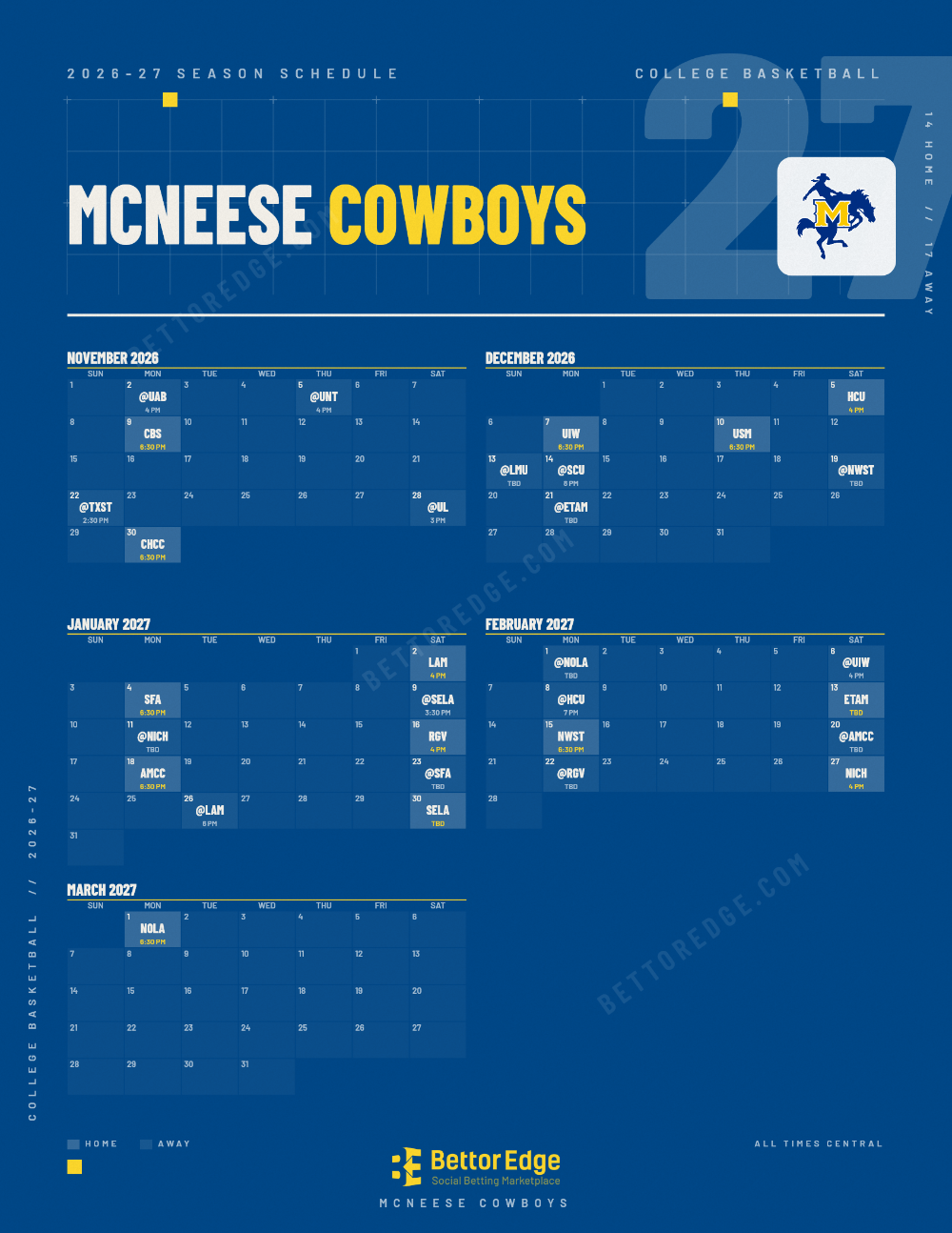 McNeese Cowboys 2026-27 basketball schedule, free printable, every game with start times and TV