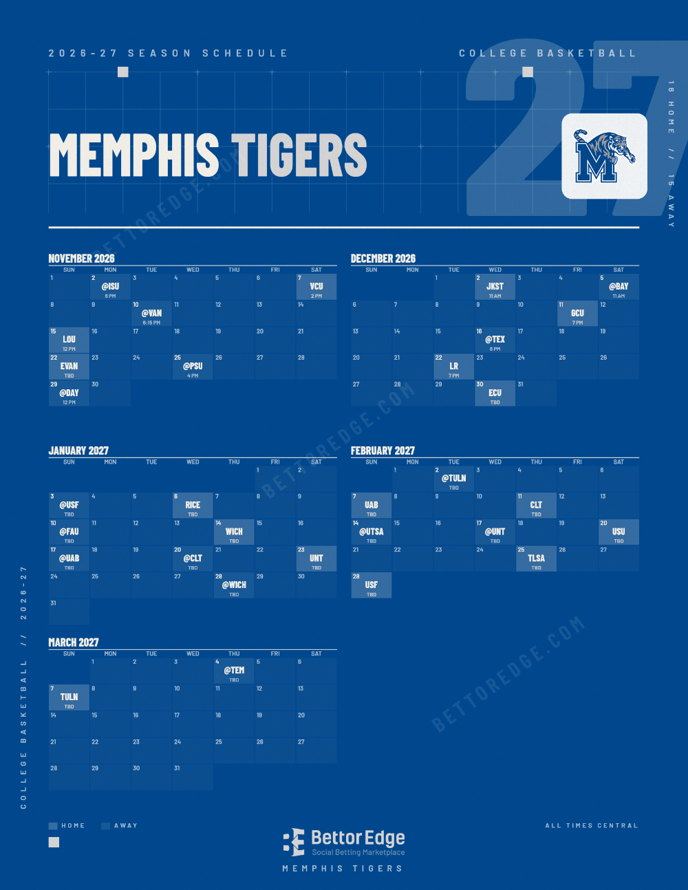 Memphis Tigers 2026-27 basketball schedule, free printable, every game with start times and TV