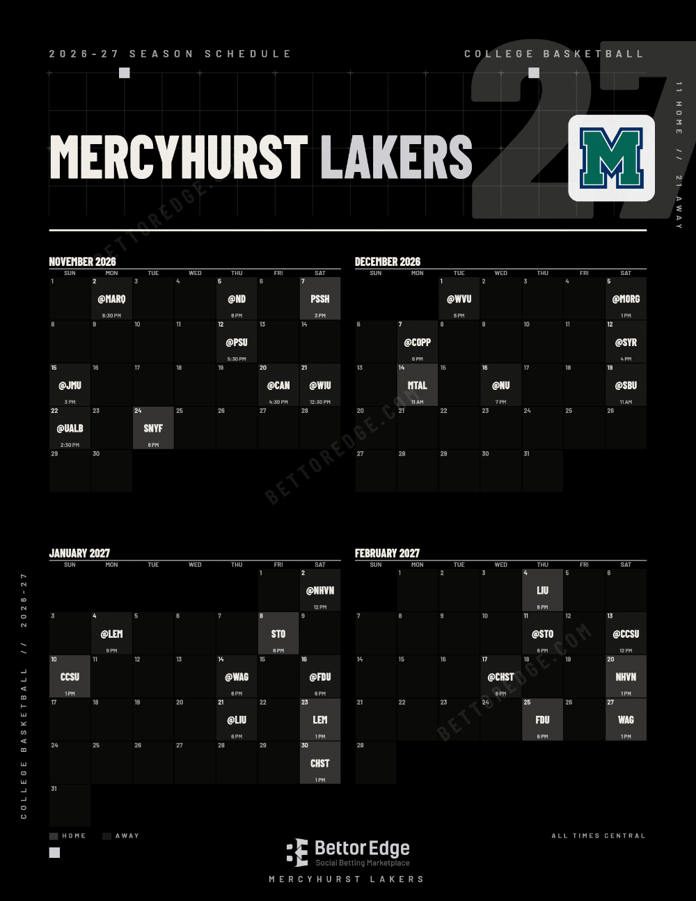 Mercyhurst Lakers 2026-27 basketball schedule, free printable, every game with start times and TV