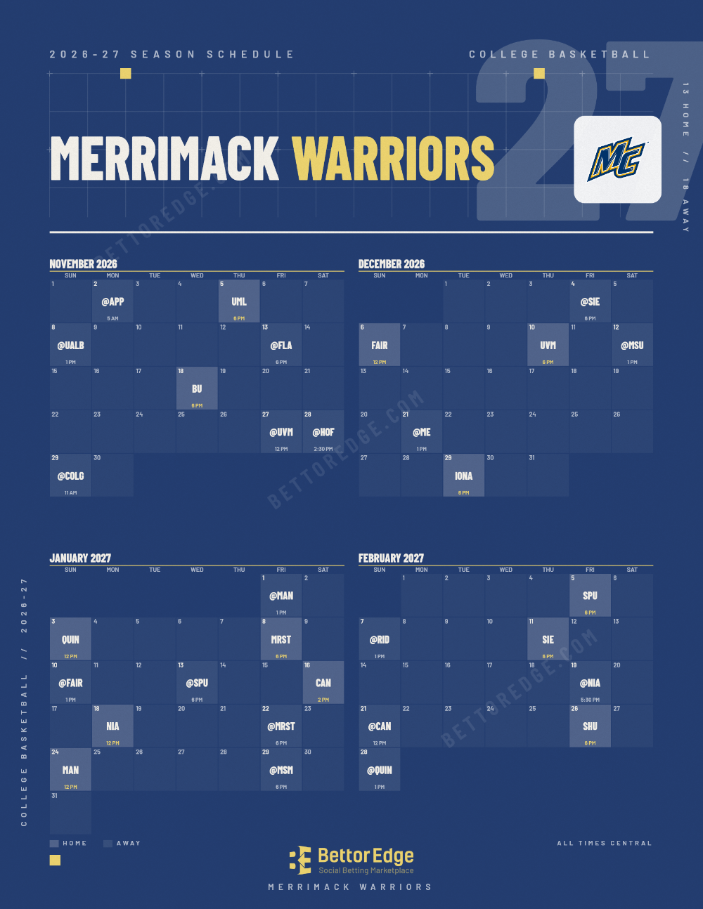 Merrimack Warriors 2026-27 basketball schedule, free printable, every game with start times and TV
