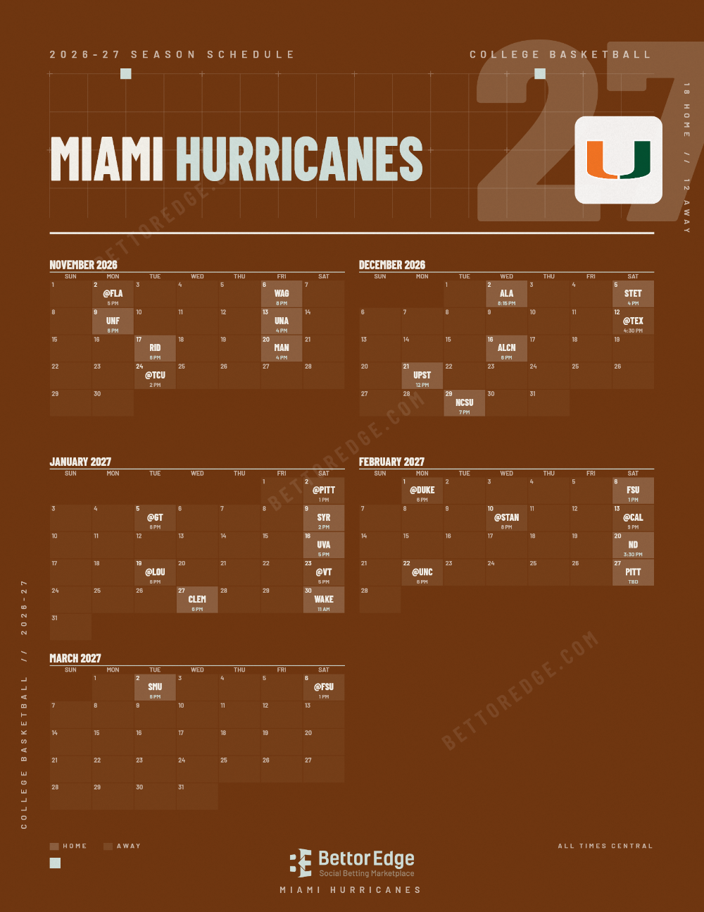 Miami Hurricanes 2026-27 basketball schedule, free printable, every game with start times and TV