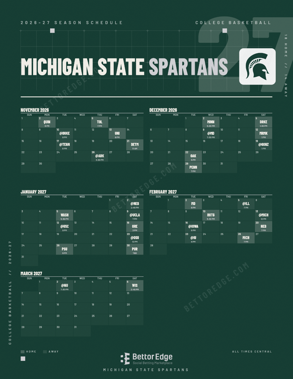 Michigan State Spartans 2026-27 basketball schedule, free printable, every game with start times and TV