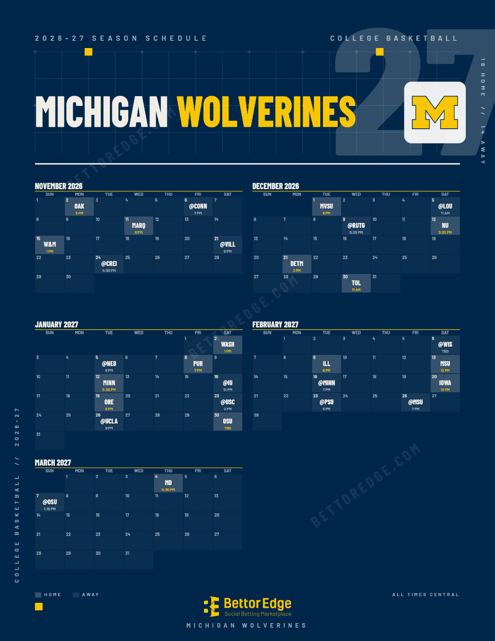 Michigan Wolverines 2026-27 basketball schedule, free printable, every game with start times and TV