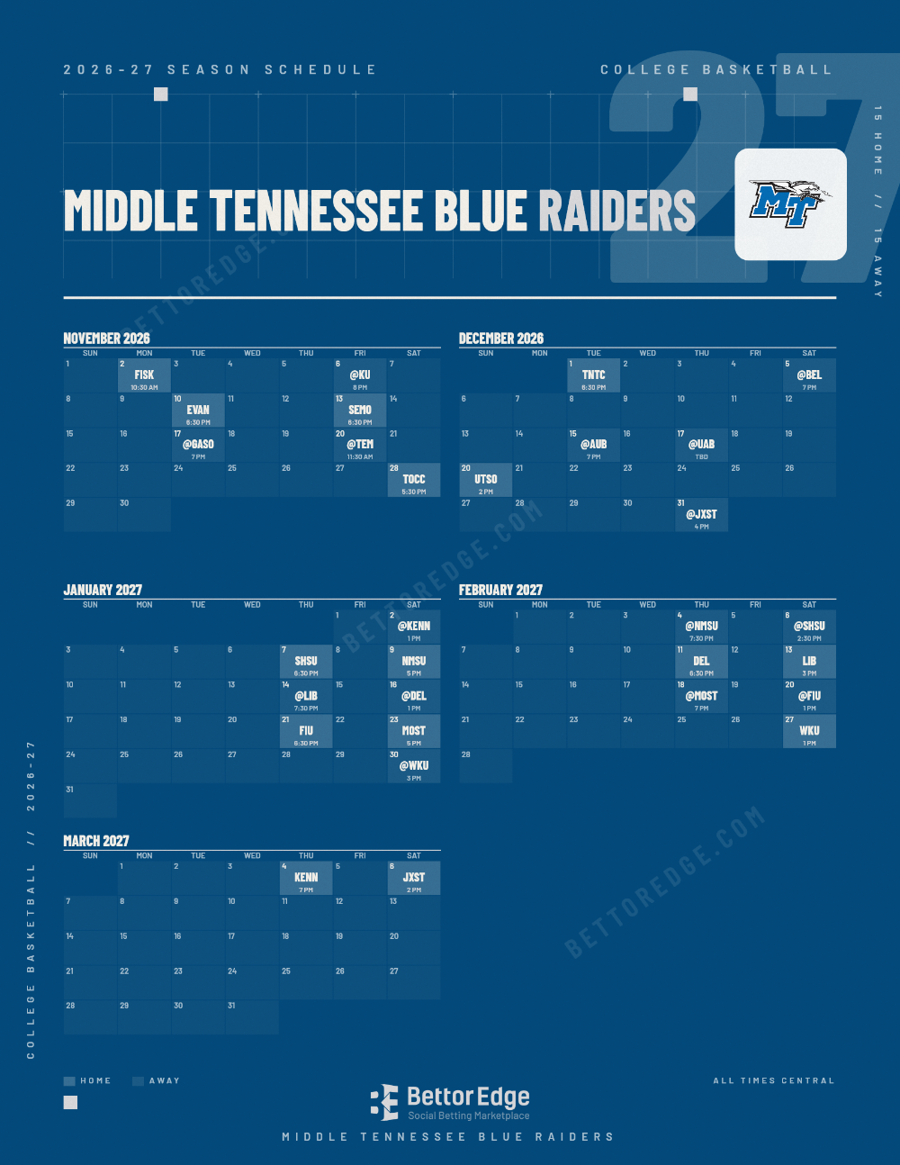 Middle Tennessee Blue Raiders 2026-27 basketball schedule, free printable, every game with start times and TV