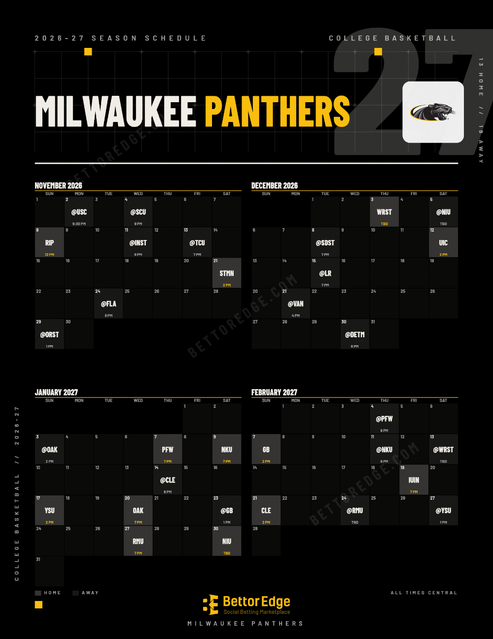 Milwaukee Panthers 2026-27 basketball schedule, free printable, every game with start times and TV