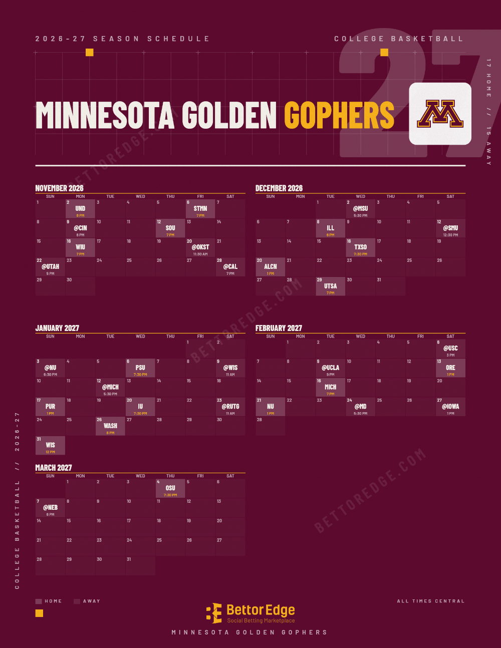 Minnesota Golden Gophers 2026-27 basketball schedule, free printable, every game with start times and TV