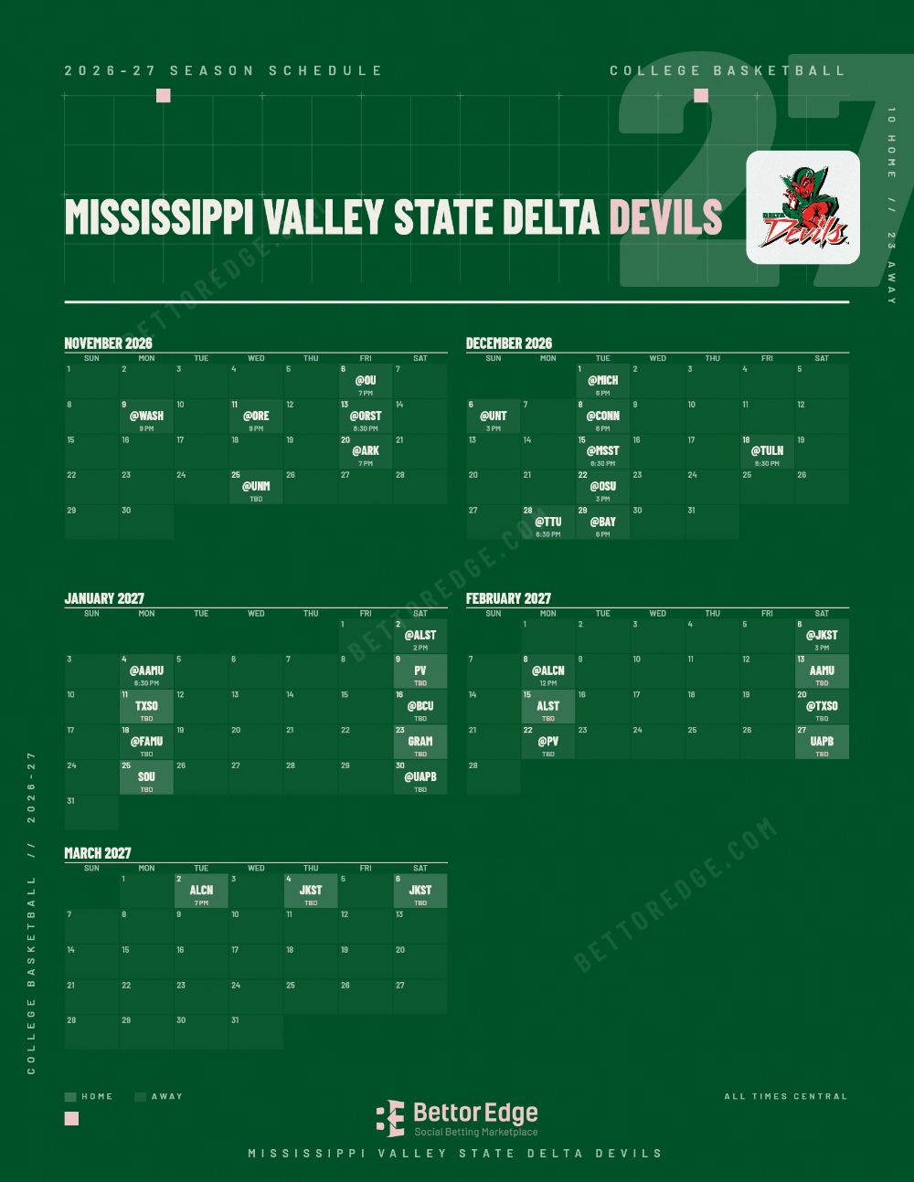 Mississippi Valley State Delta Devils 2026-27 basketball schedule, free printable, every game with start times and TV