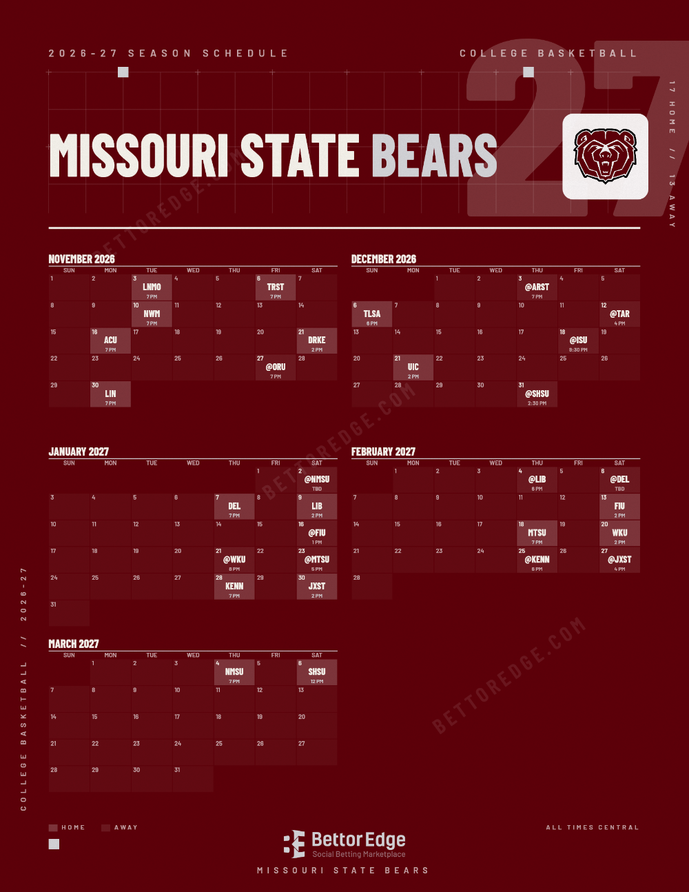 Missouri State Bears 2026-27 basketball schedule, free printable, every game with start times and TV