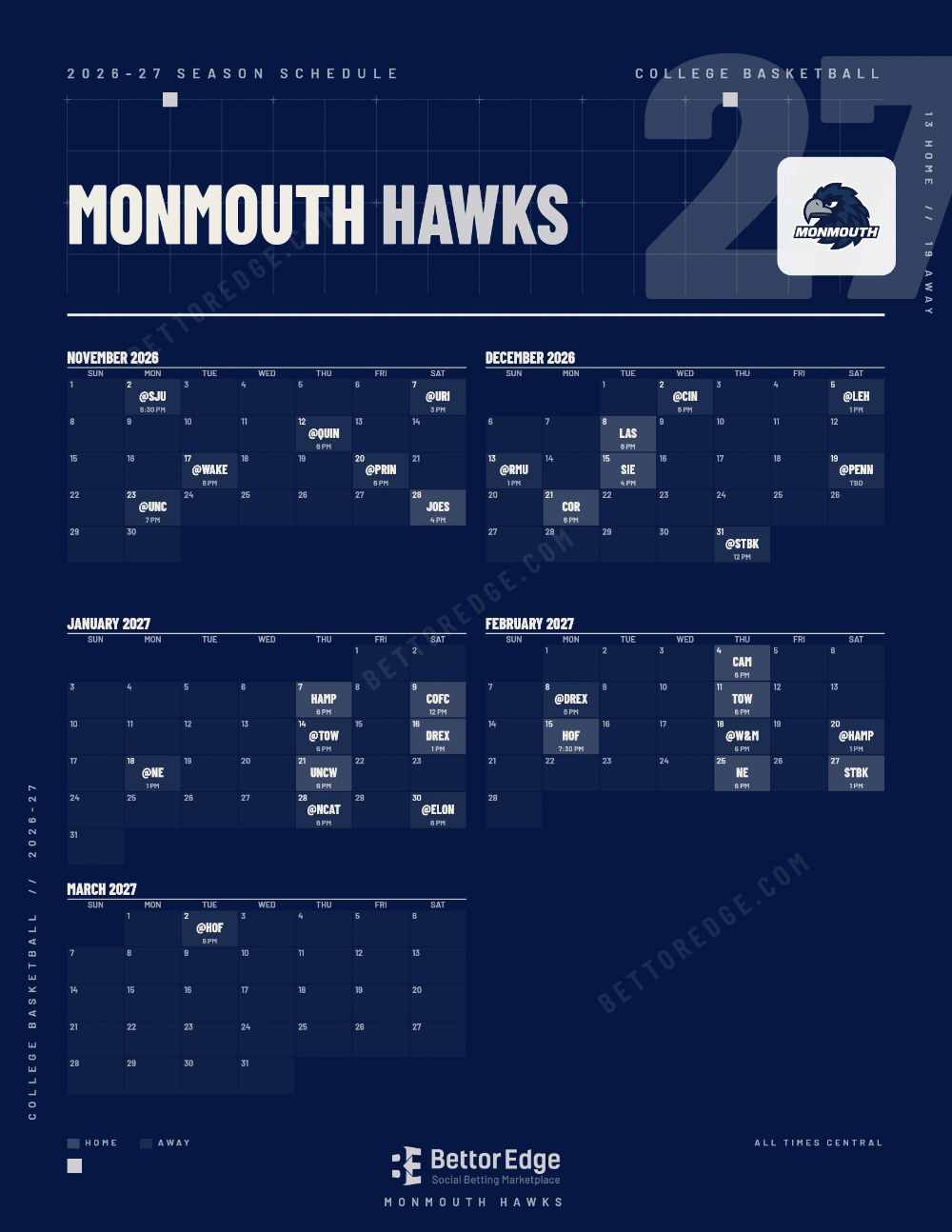 Monmouth Hawks 2026-27 basketball schedule, free printable, every game with start times and TV