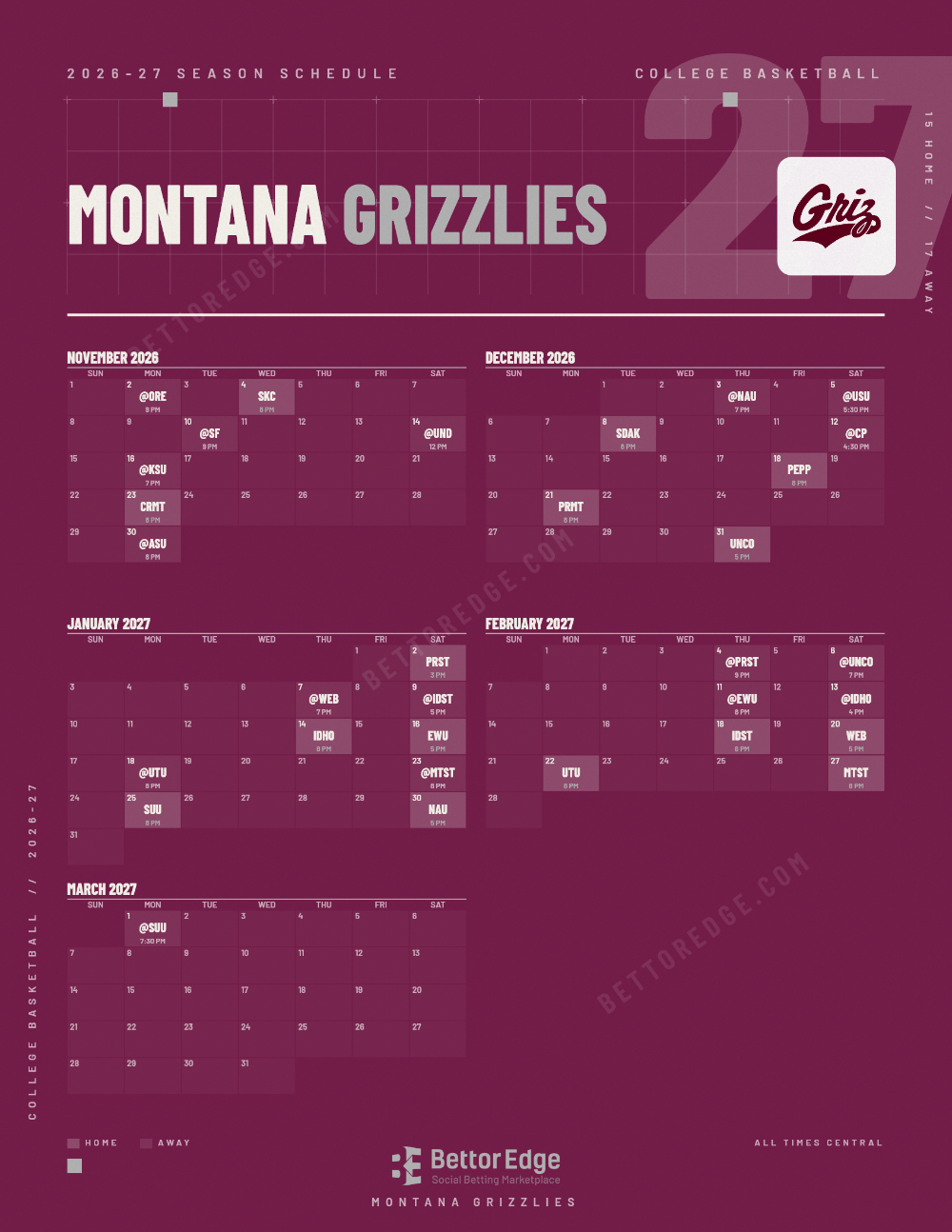 Montana Grizzlies 2026-27 basketball schedule, free printable, every game with start times and TV