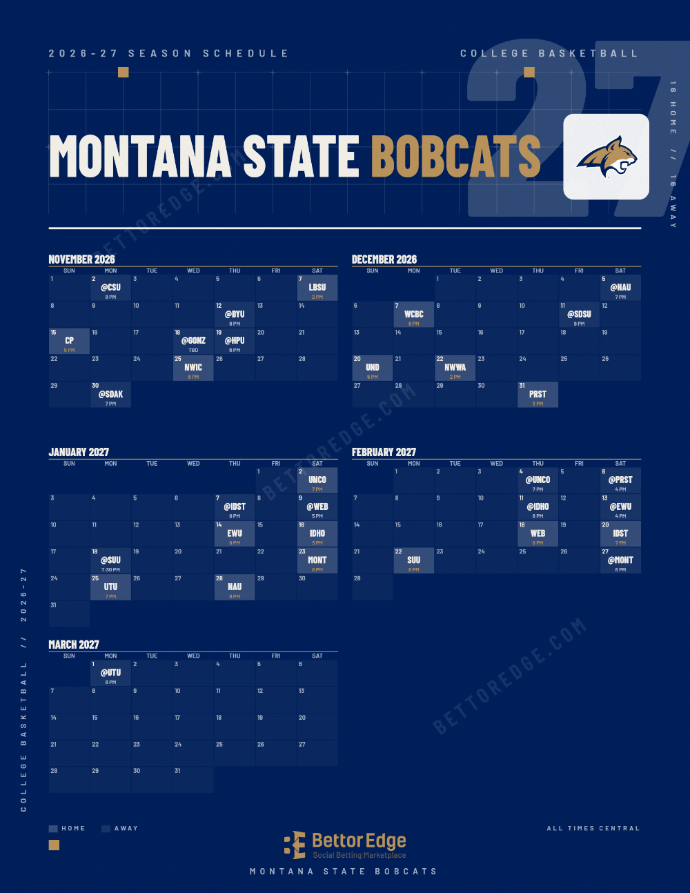 Montana State Bobcats 2026-27 basketball schedule, free printable, every game with start times and TV