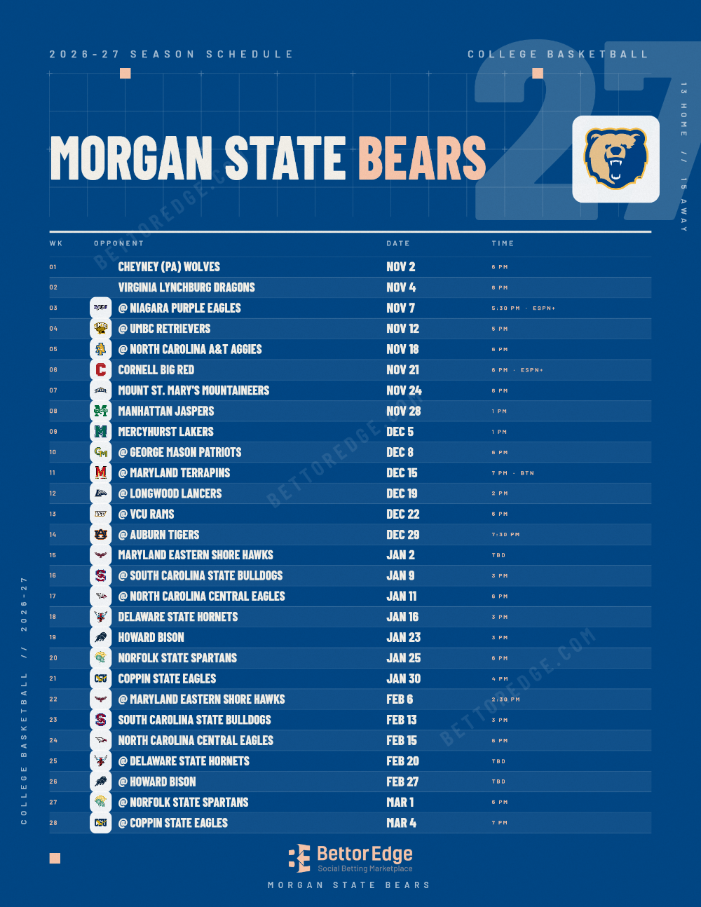 Morgan State Bears 2026-27 basketball schedule, free printable, every game with start times and TV