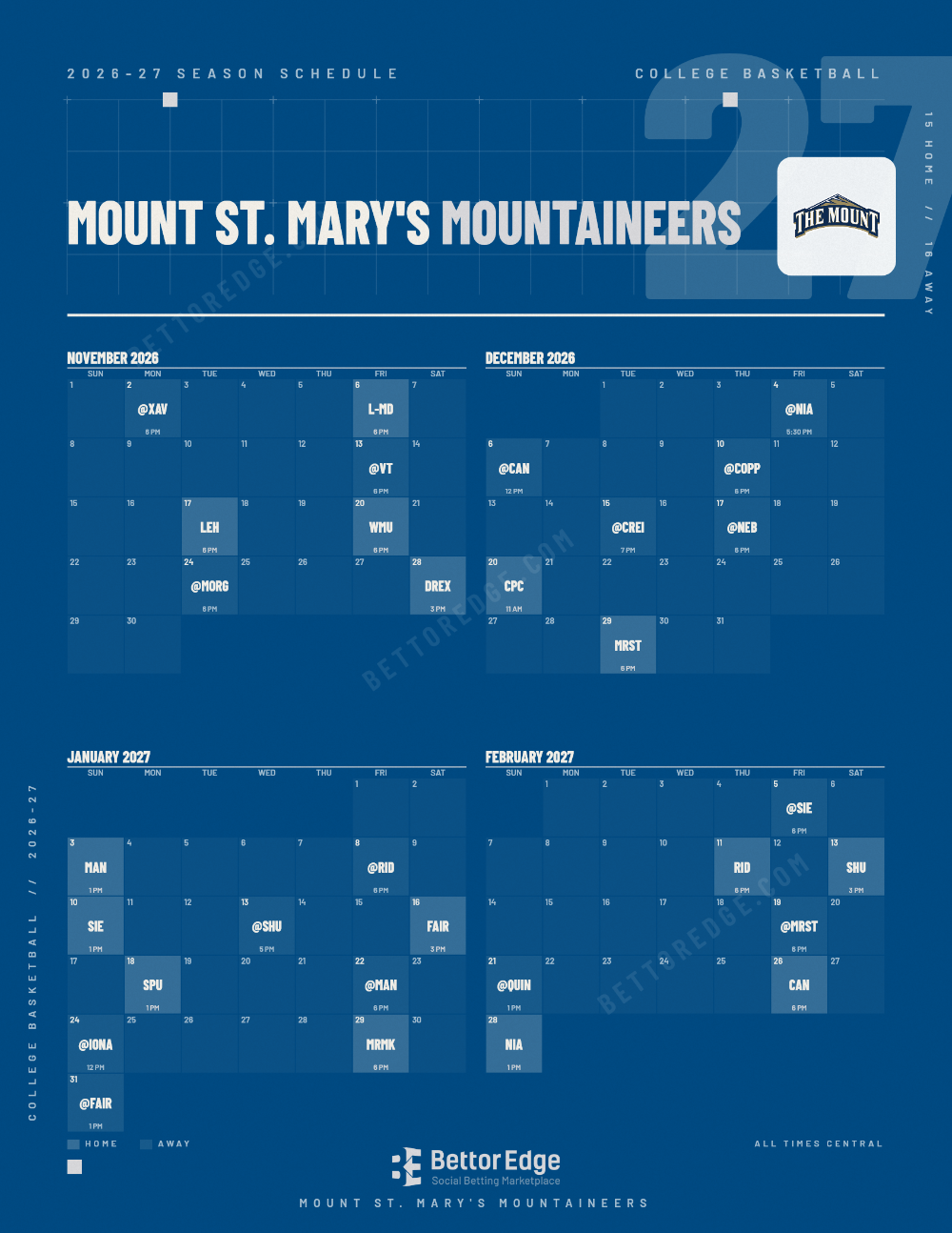 Mount St. Mary's Mountaineers 2026-27 basketball schedule, free printable, every game with start times and TV