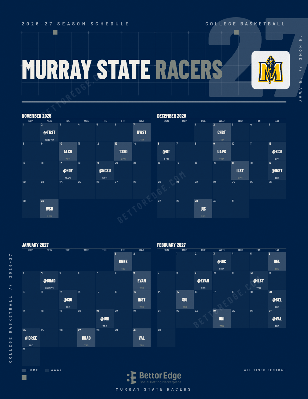 Murray State Racers 2026-27 basketball schedule, free printable, every game with start times and TV