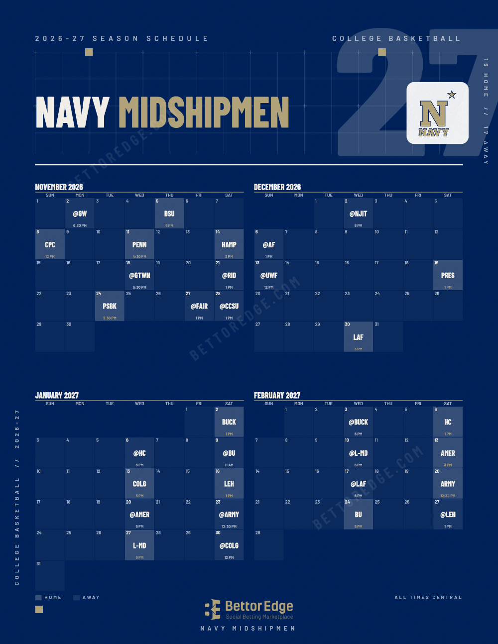 Navy Midshipmen 2026-27 basketball schedule, free printable, every game with start times and TV