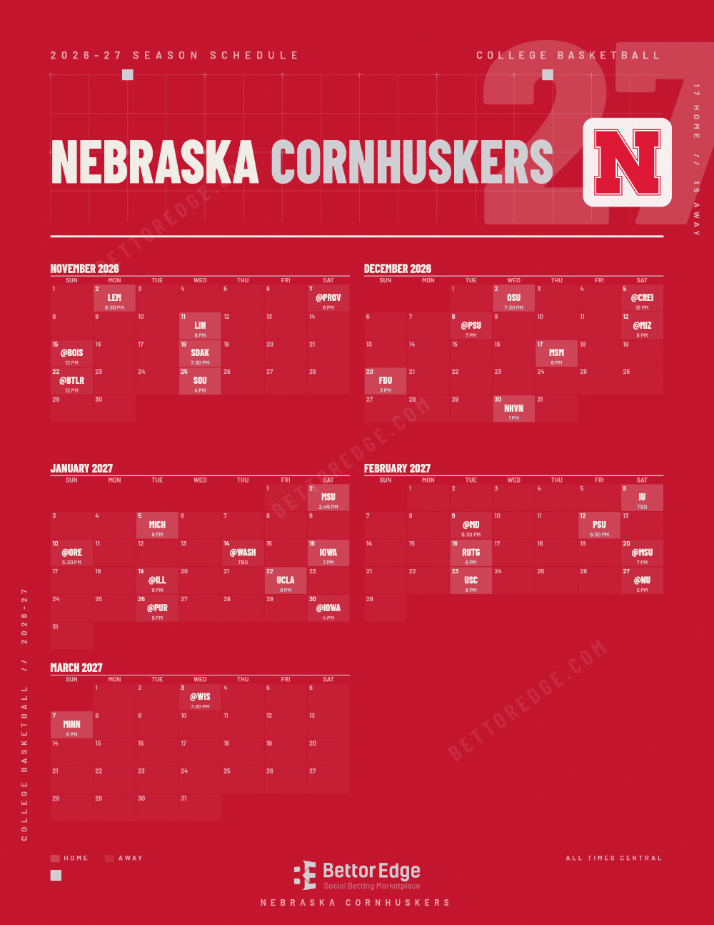 Nebraska Cornhuskers 2026-27 basketball schedule, free printable, every game with start times and TV