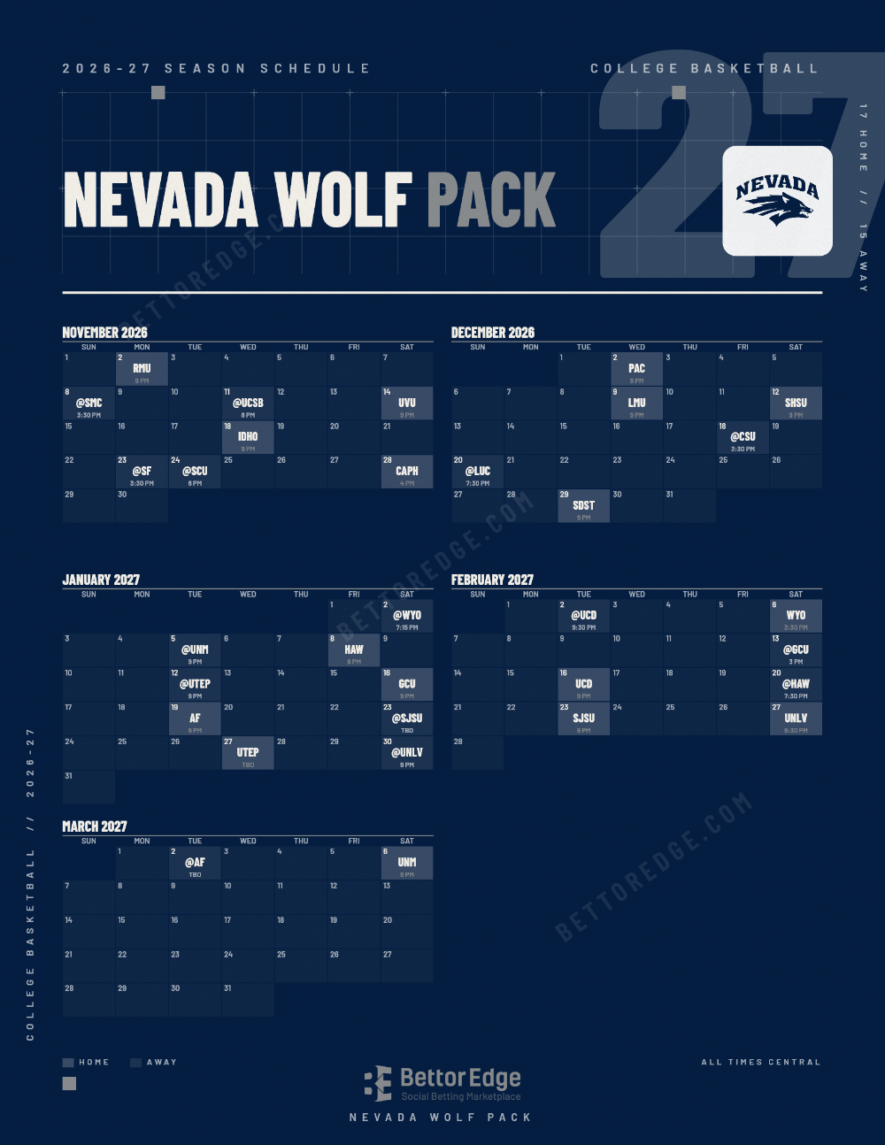 Nevada Wolf Pack 2026-27 basketball schedule, free printable, every game with start times and TV