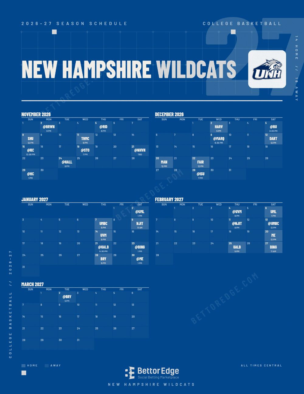 New Hampshire Wildcats 2026-27 basketball schedule, free printable, every game with start times and TV