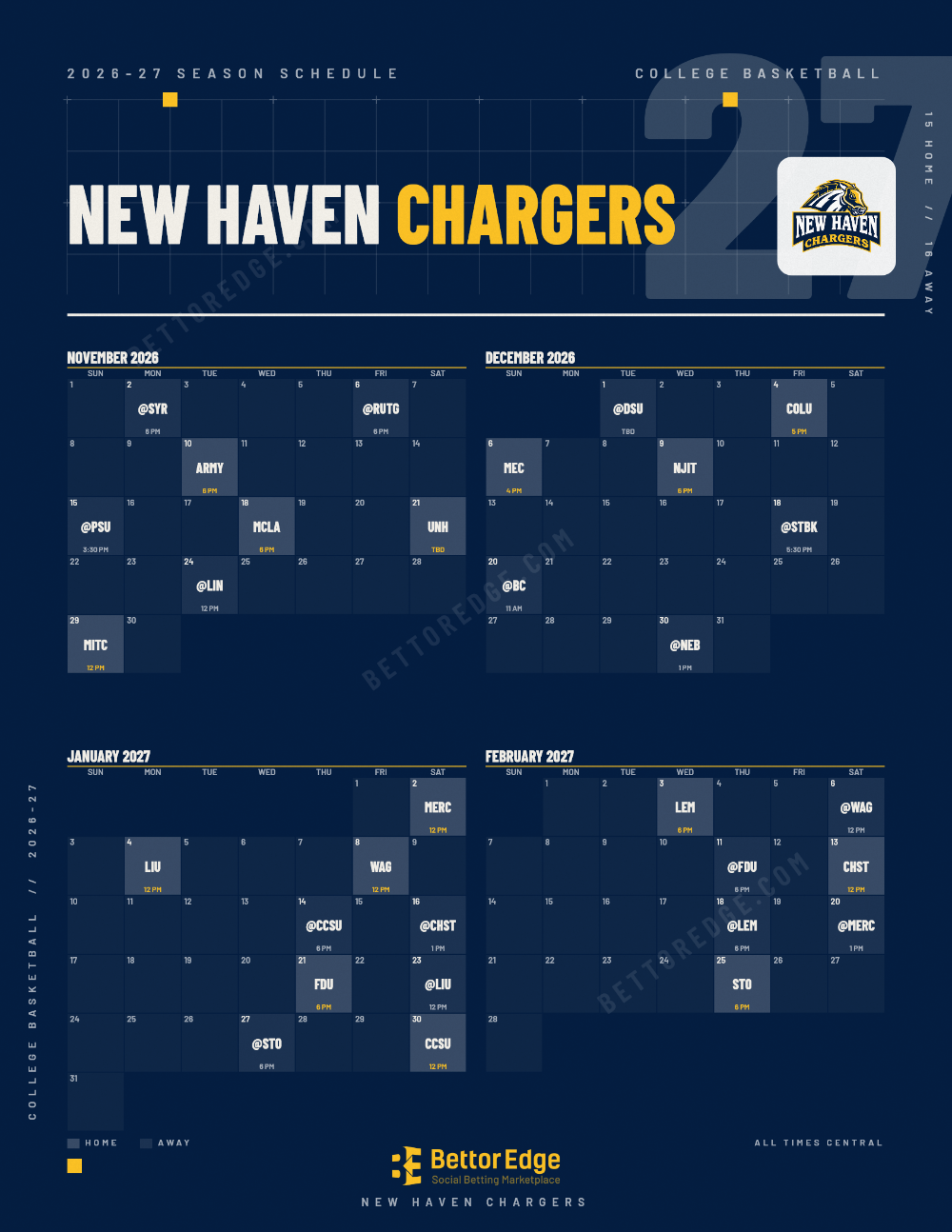 New Haven Chargers 2026-27 basketball schedule, free printable, every game with start times and TV