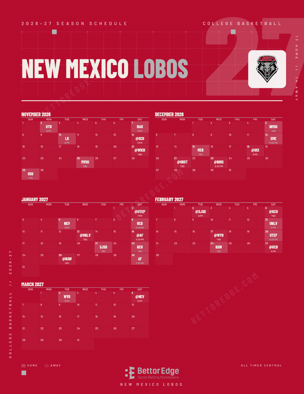 New Mexico Lobos 2026-27 basketball schedule, free printable, every game with start times and TV
