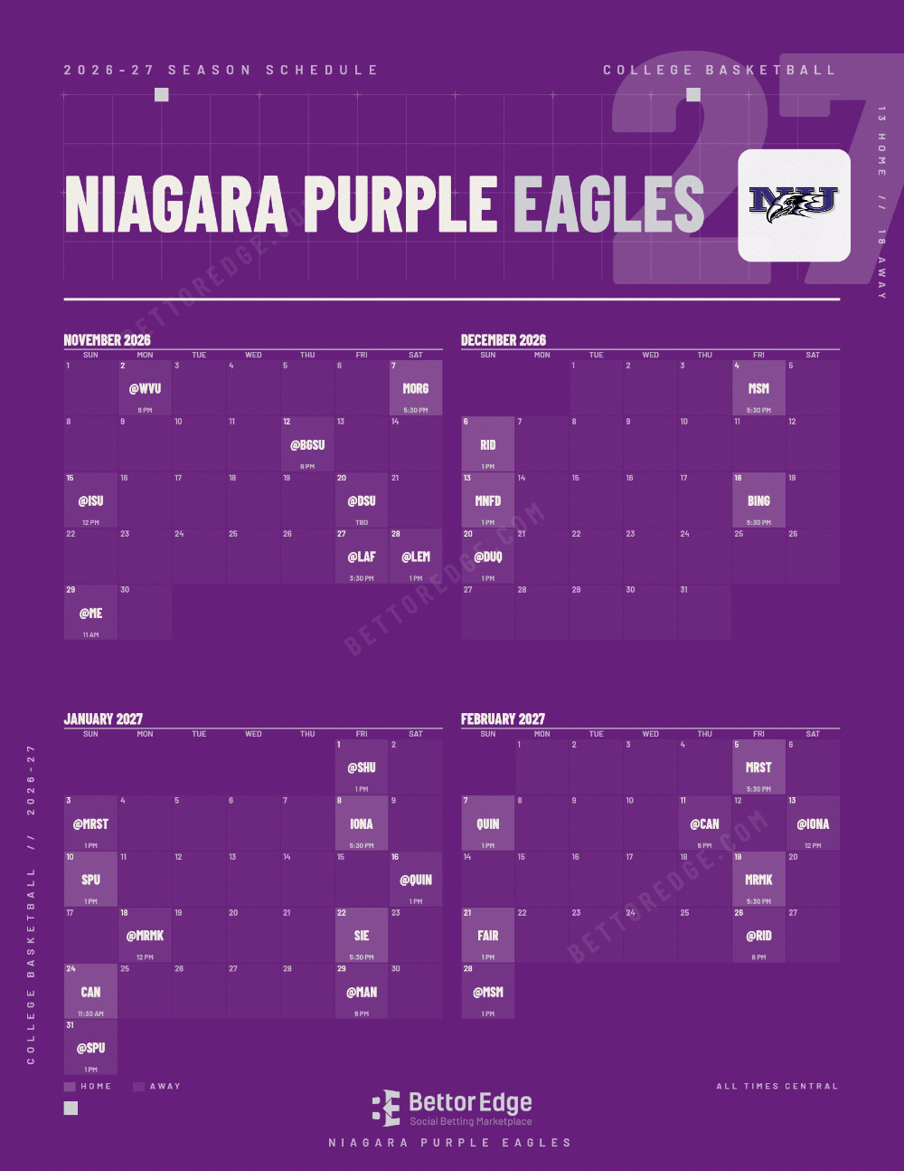 Niagara Purple Eagles 2026-27 basketball schedule, free printable, every game with start times and TV