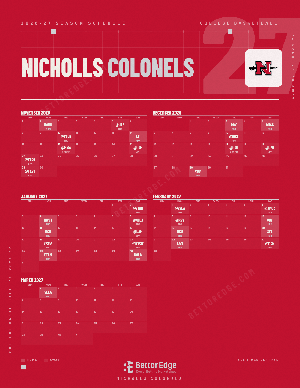 Nicholls Colonels 2026-27 basketball schedule, free printable, every game with start times and TV