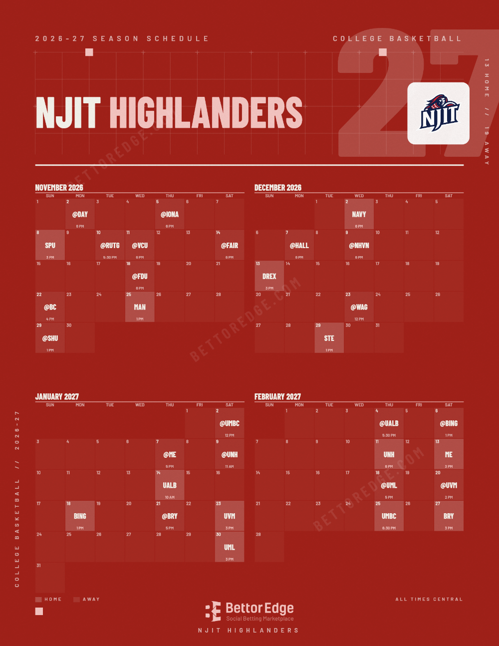 NJIT Highlanders 2026-27 basketball schedule, free printable, every game with start times and TV