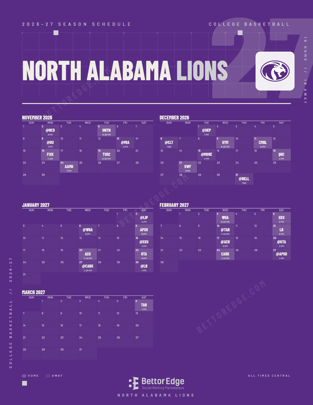 North Alabama Lions 2026-27 basketball schedule, free printable, every game with start times and TV
