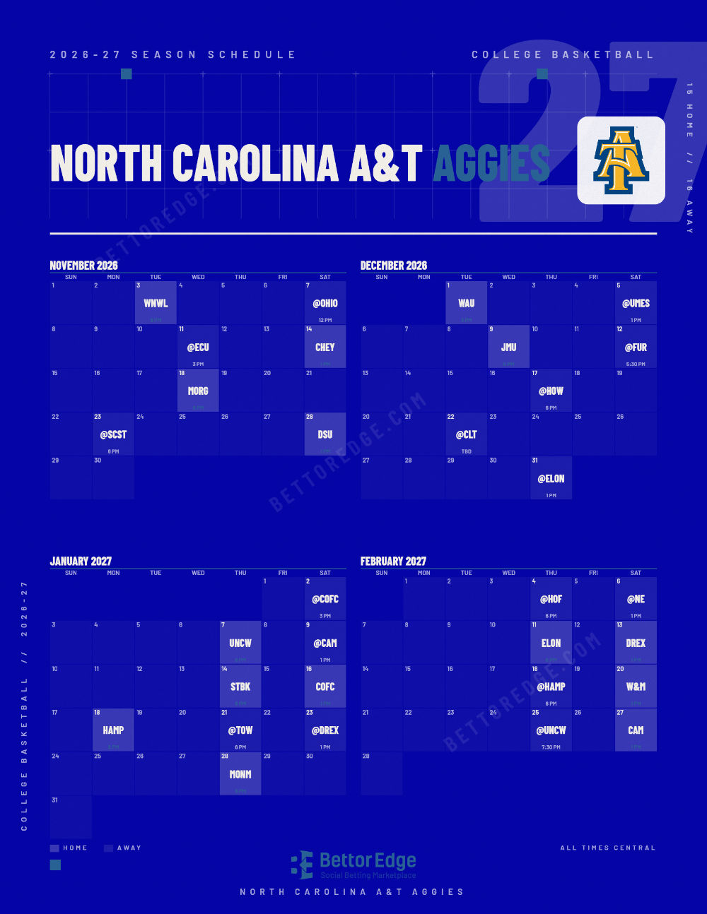 North Carolina A&T Aggies 2026-27 basketball schedule, free printable, every game with start times and TV