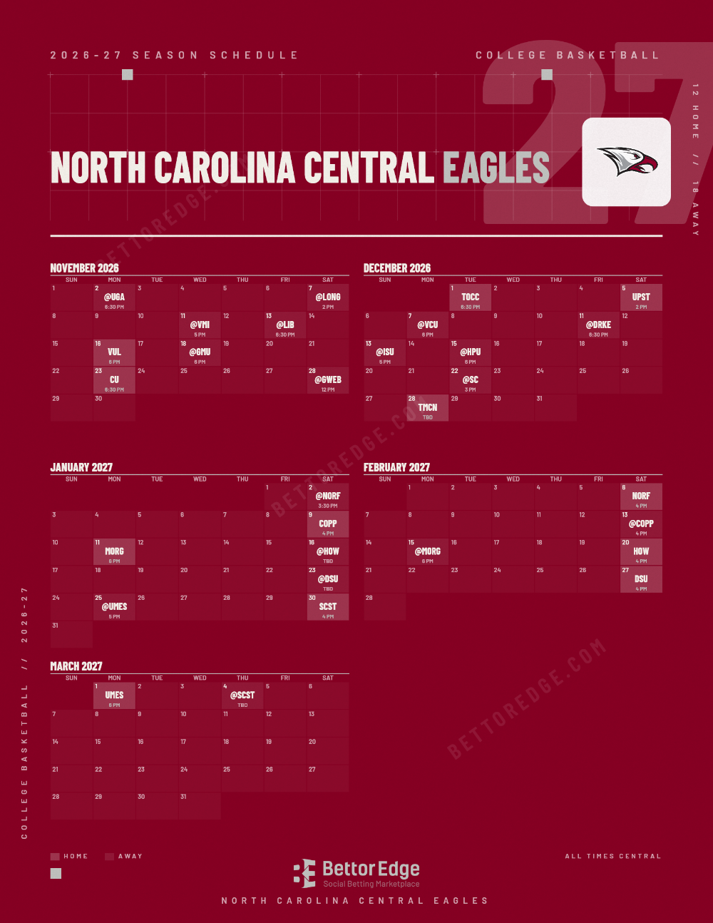 North Carolina Central Eagles 2026-27 basketball schedule, free printable, every game with start times and TV