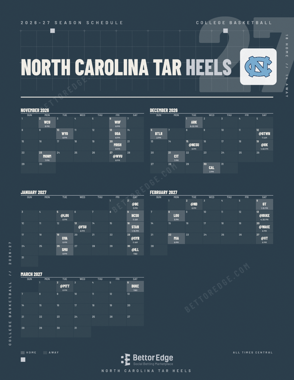 North Carolina Tar Heels 2026-27 basketball schedule, free printable, every game with start times and TV