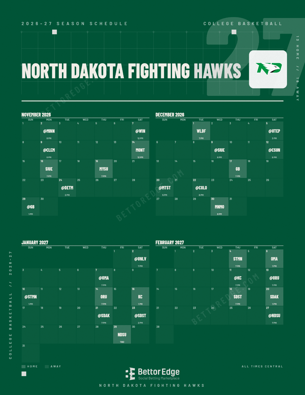 North Dakota Fighting Hawks 2026-27 basketball schedule, free printable, every game with start times and TV
