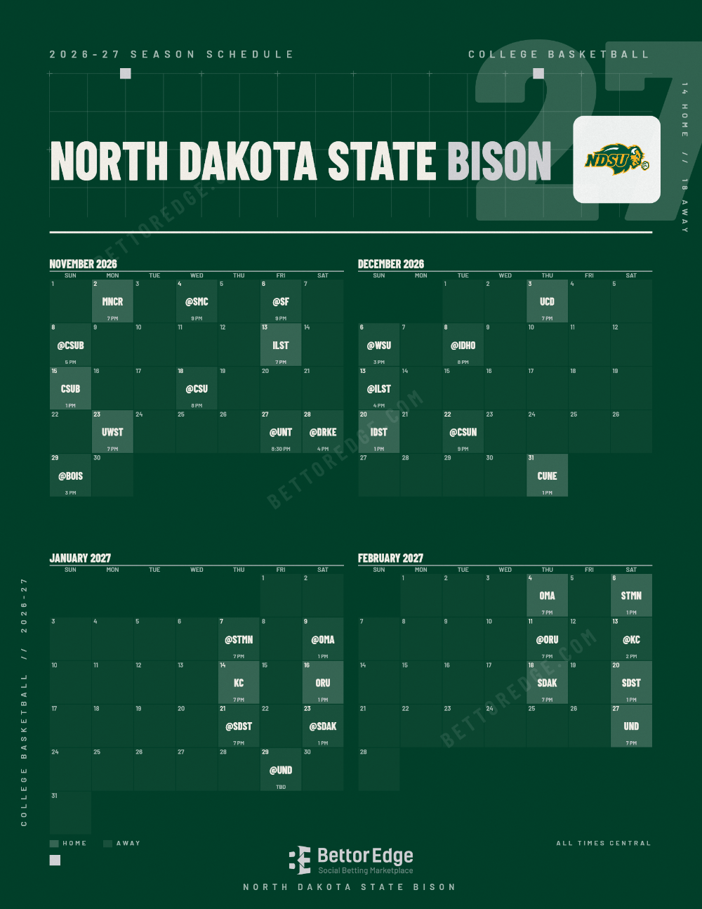 North Dakota State Bison 2026-27 basketball schedule, free printable, every game with start times and TV