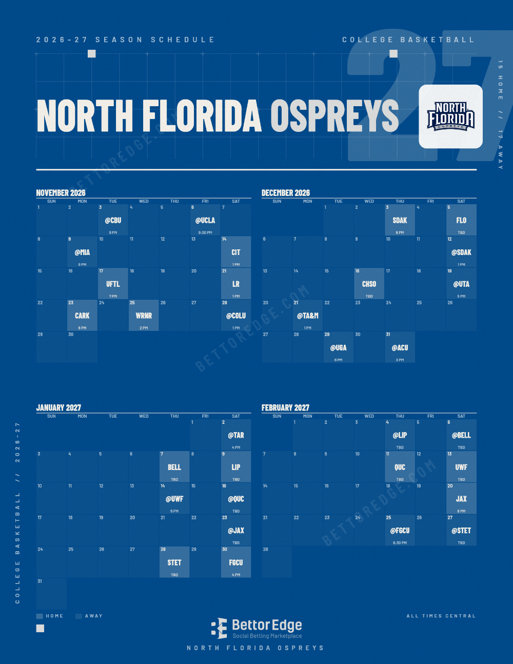 North Florida Ospreys 2026-27 basketball schedule, free printable, every game with start times and TV