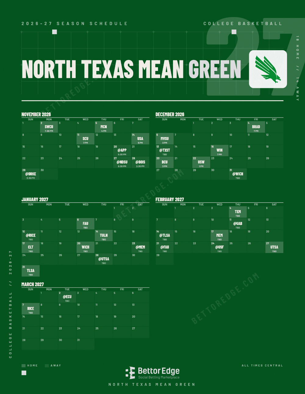 North Texas Mean Green 2026-27 basketball schedule, free printable, every game with start times and TV