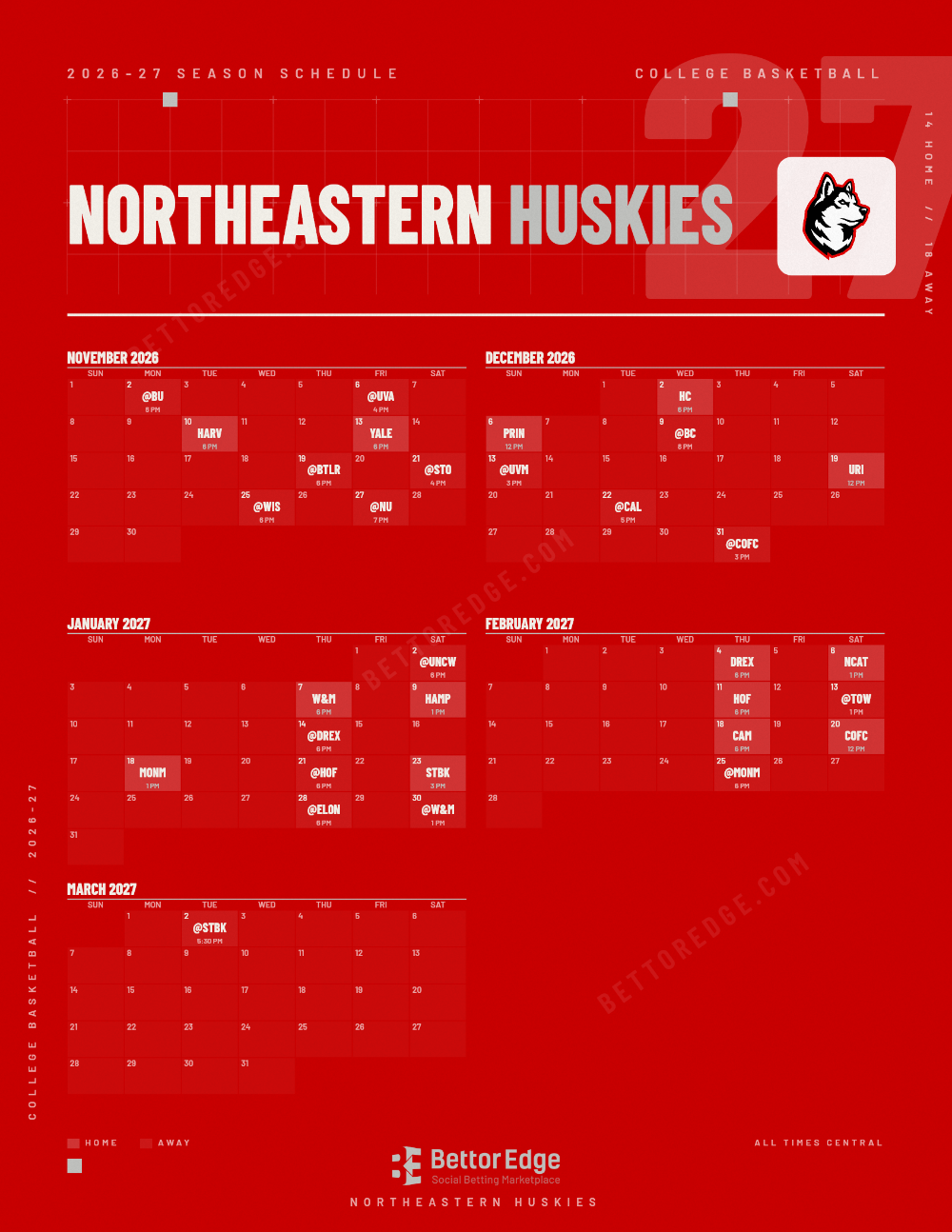 Northeastern Huskies 2026-27 basketball schedule, free printable, every game with start times and TV