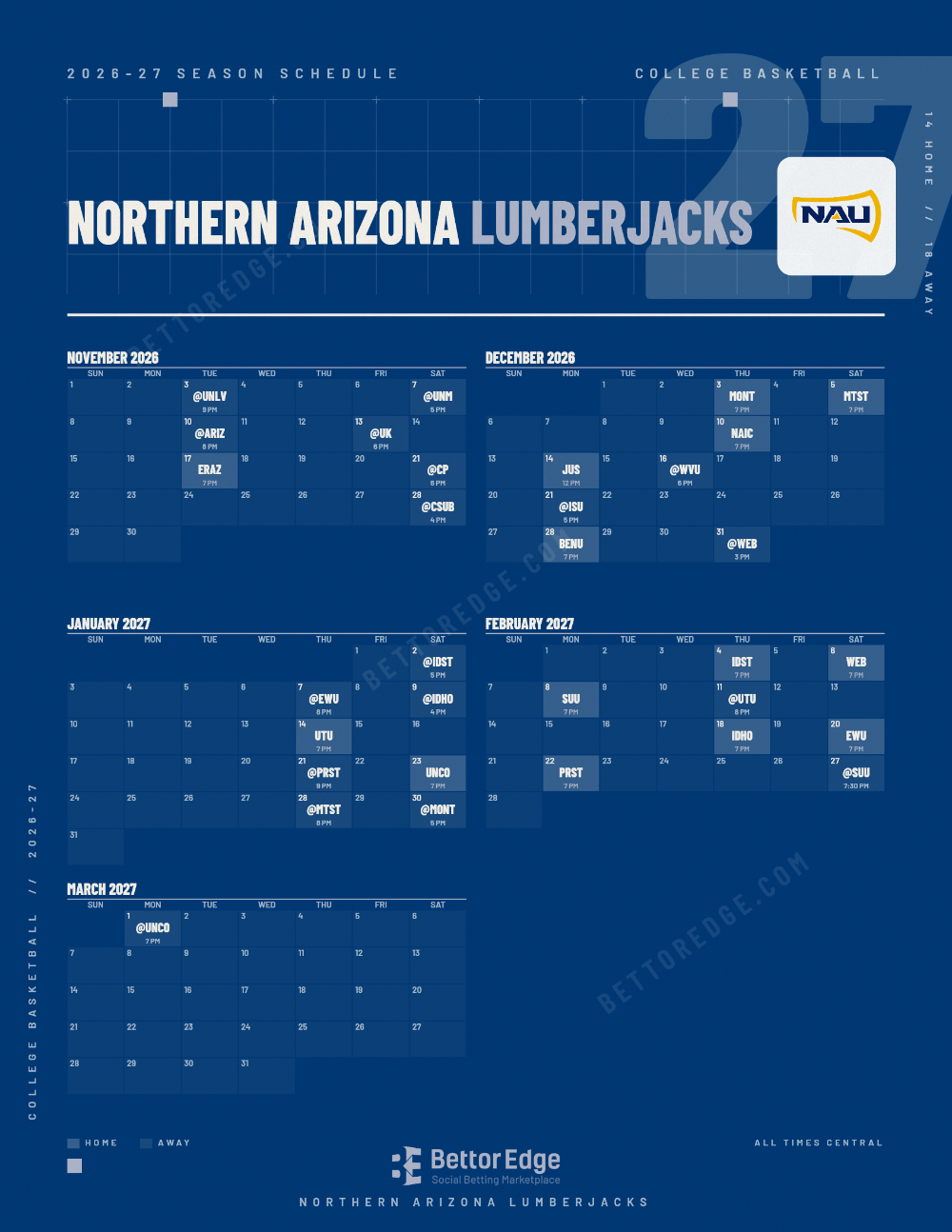 Northern Arizona Lumberjacks 2026-27 basketball schedule, free printable, every game with start times and TV