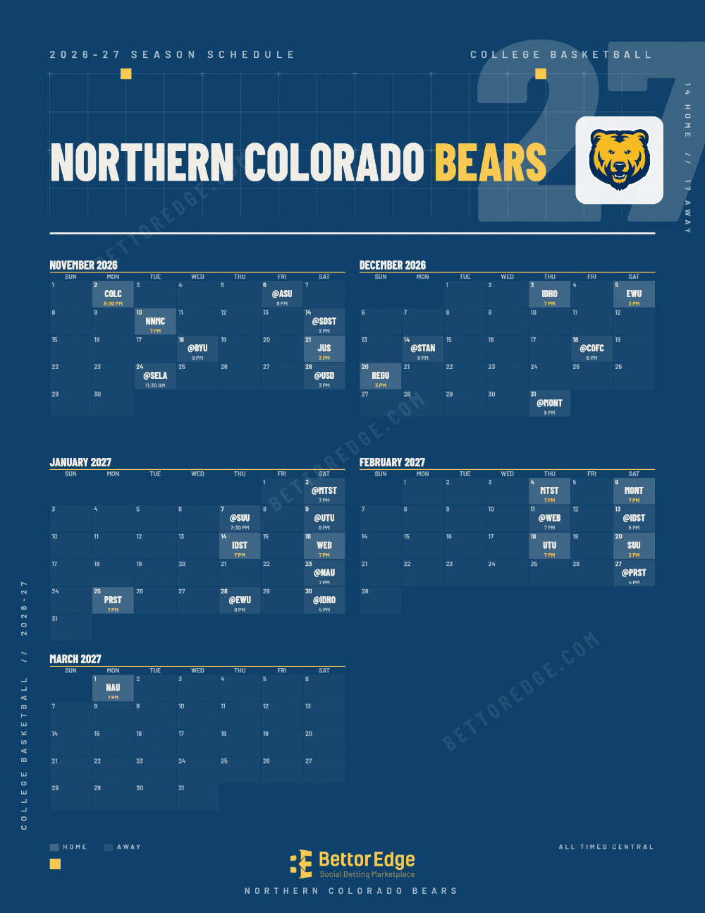 Northern Colorado Bears 2026-27 basketball schedule, free printable, every game with start times and TV