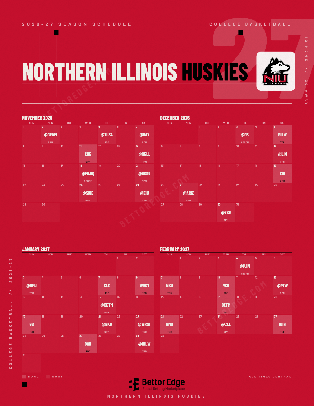 Northern Illinois Huskies 2026-27 basketball schedule, free printable, every game with start times and TV