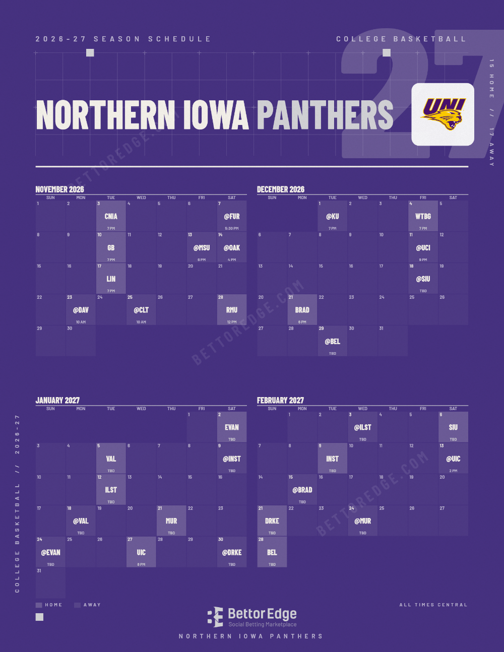 Northern Iowa Panthers 2026-27 basketball schedule, free printable, every game with start times and TV